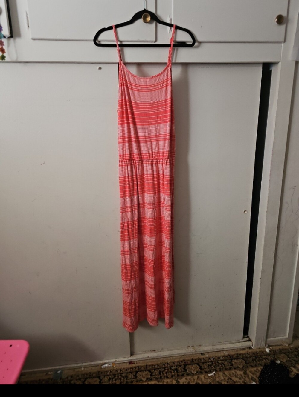 Merona Coral and White Striped Spaghetti-Strap Maxi Dress